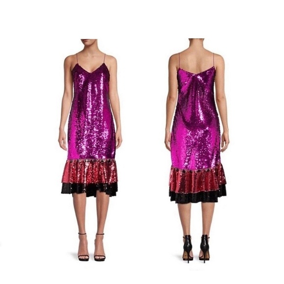 NWT SACHIN & BABI | Maslak Sequined Flounce Hem Midi Dress in Fuchsia | Size 0 - Picture 3 of 16